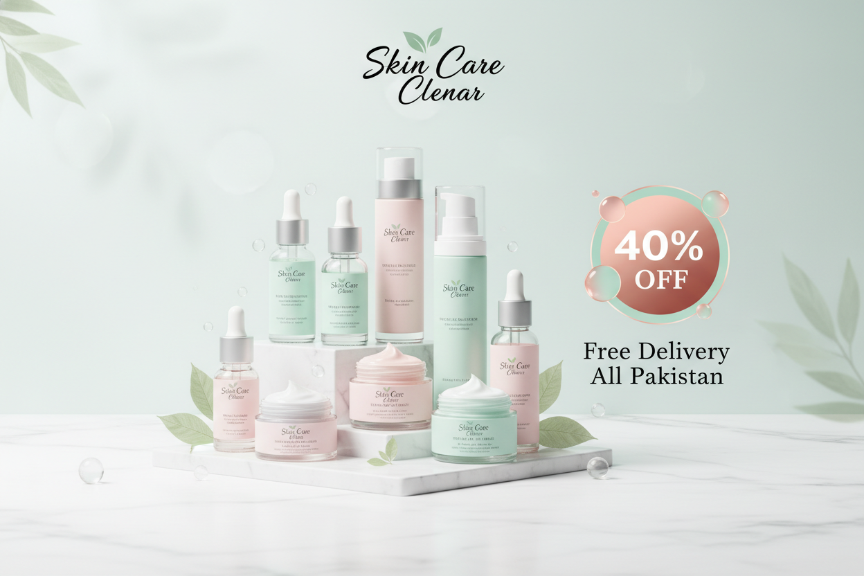 create a tamplate Skin care Difrents products And 40% discout And free delivery All Pakistan And logo Skin Care Cleear